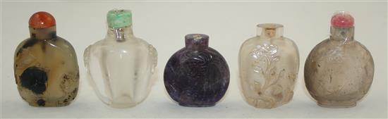 Five Chinese quartz snuff bottles, late 19th / 20th century, 5.3cm - 6.3cm